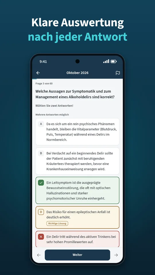 Heilpraktiker App: Auswertung nach jeder Antwort mit richtiger Lösung