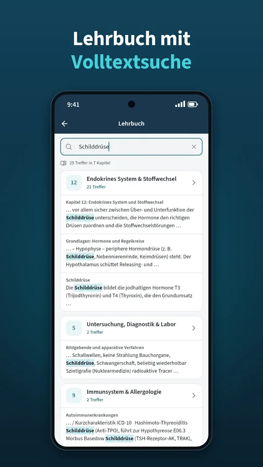Heilpraktiker App: Lehrbuch mit Volltextsuche und markierten Treffern